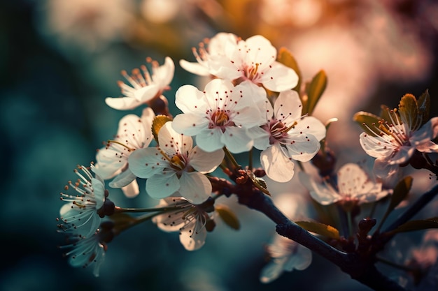 Ein Zweig eines Kirschbaums mit weißen Blüten