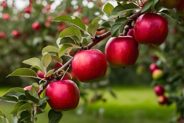 Ein Zweig in der Erntezeit, geschmückt mit reifen roten Äpfeln im Obstgarten
