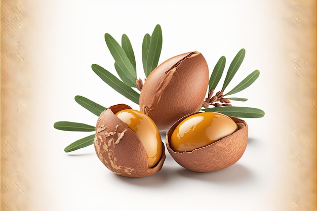 Ein Zweig mit grünen Blättern und braunen Nüssen aus Argan auf weißem Hintergrund