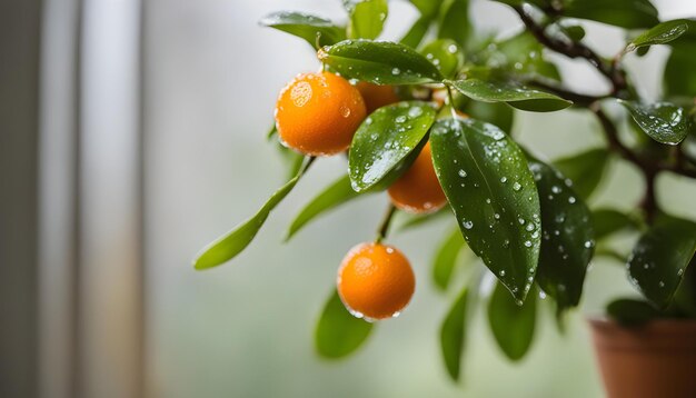 ein Zweig mit Orangen und grünen Blättern mit Wassertropfen darauf