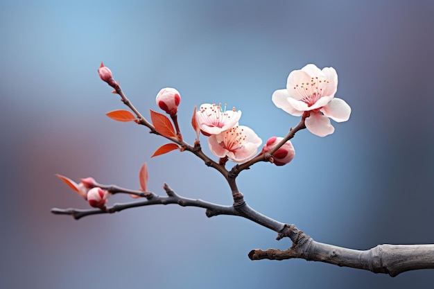 ein Zweig mit rosa Blüten darauf vor blauem Hintergrund