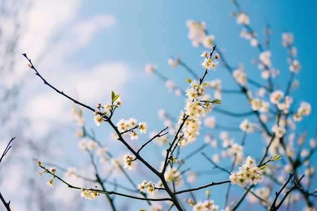 ein Zweig mit weißer Blume gegen einen blauen Himmel