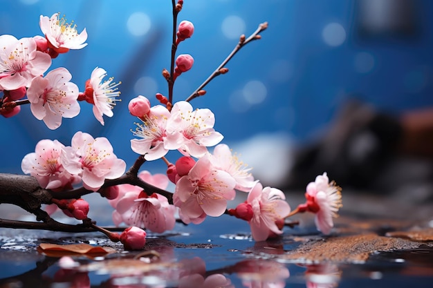 Foto ein zweig rosa sakura auf dem wasser gegen einen blauen hintergrund