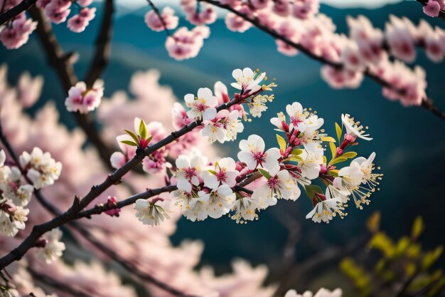 ein Zweig von Kirschblüten mit dem Ozean im Hintergrund