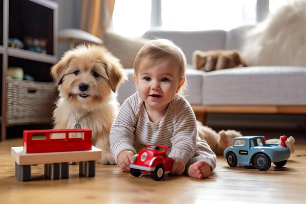 Foto ein zweijähriger junge spielt in seinem wohnzimmer mit seinen hölzernen kinderwagen und wird von seinem kleinen hund begleitet konzept einer glücklichen kindheit zu hause bild erstellt mit ki