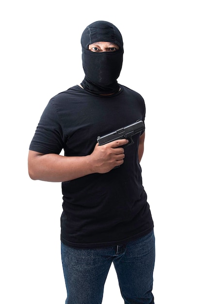 Einbrecher oder Terrorist Halten Pistole in verschiedenen Posen auf Hintergrund isoliert mit Beschneidungspfad