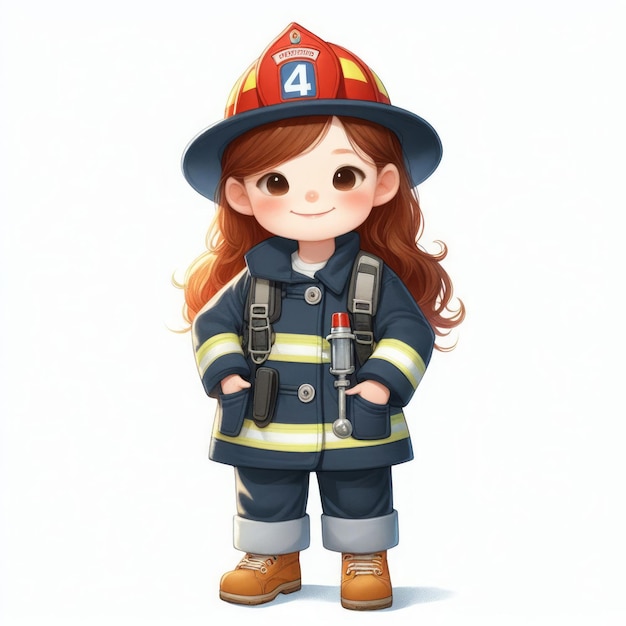 Eine 2D-Wasserfarbe mit einem Kind, das eine Feuerwehruniform trägt