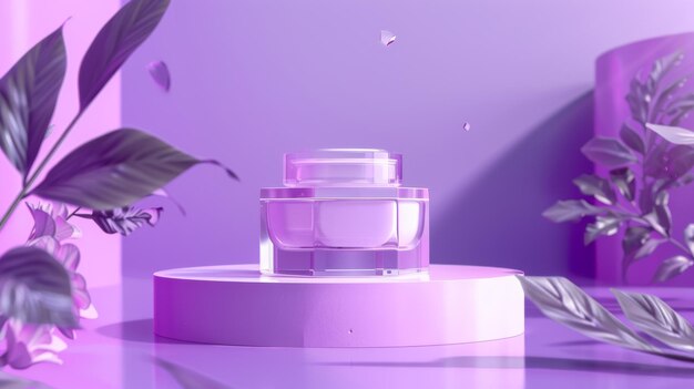 Eine 3D-Anzeige für eine Hautpflegecreme, die ein Glaskrug auf einer runden Bühne zeigt, umgeben von einem Quadrat aus Glas und Pflanzenblättern auf einem hellen und glänzenden lavendelfarbenen Hintergrund
