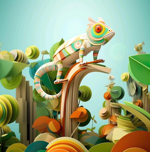 Eine 3D-Cartoon-Illustration von einem Kameleonfrosch sitzt auf einem Baumzweig mit den Wörtern Kameleon darauf
