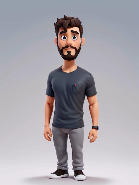 Eine 3D-Cartoonfigur mit einem grauen T-Shirt
