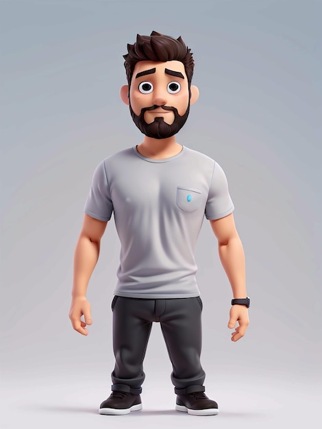 Eine 3D-Cartoonfigur mit einem grauen T-Shirt