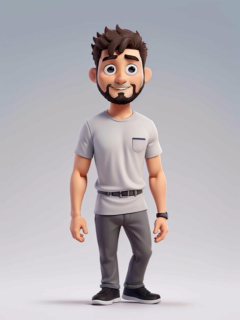 Eine 3D-Cartoonfigur mit einem grauen T-Shirt