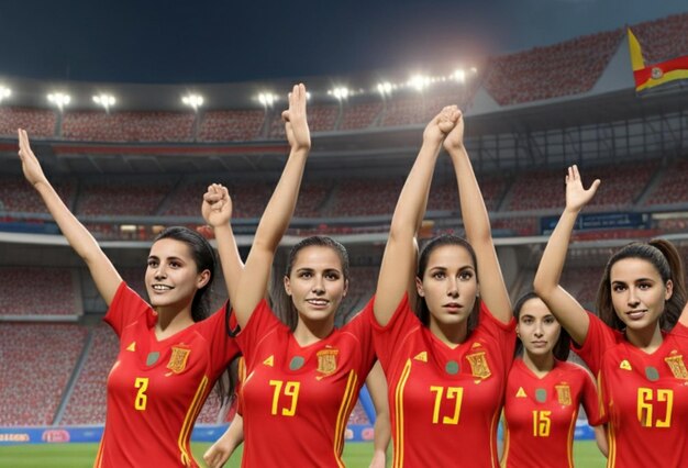 Eine 3D-Darstellung der spanischen Frauenfußballnationalmannschaft mit erhobenen Armen