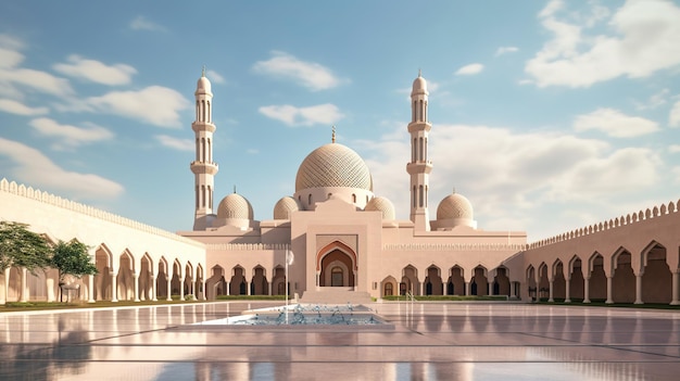 Eine 3D-Darstellung einer Moschee mit blauem Himmel und Wolken.