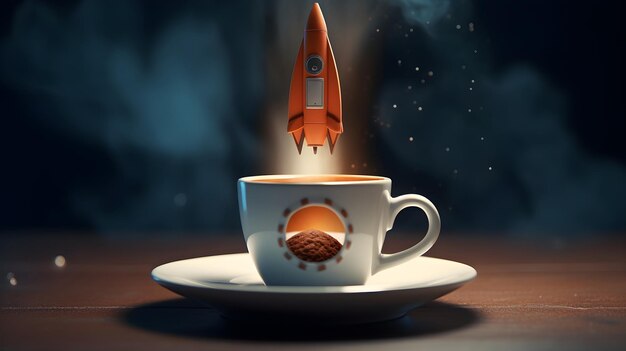 Eine 3D-Darstellung einer Rakete, die neben einer Kaffeetasse gestartet wird