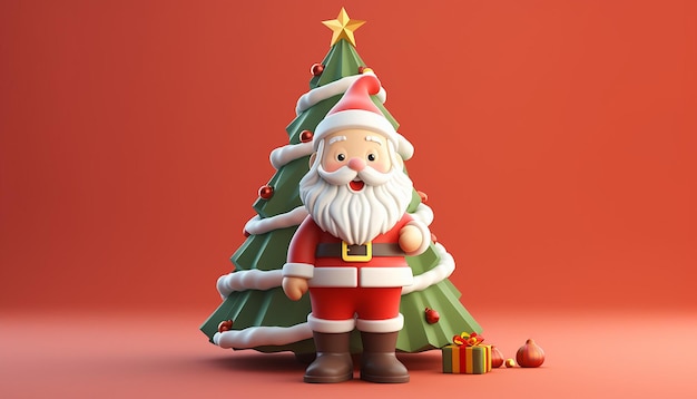 eine 3D-Darstellung eines süßen Weihnachtsmanns und eines Weihnachtsbaums