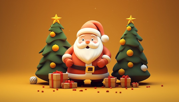 eine 3D-Darstellung eines süßen Weihnachtsmanns und eines Weihnachtsbaums