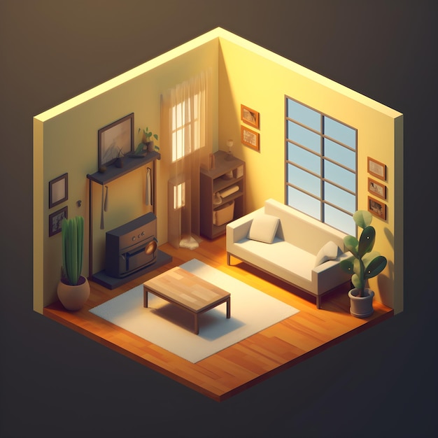 Eine 3D-Darstellung eines Wohnzimmers mit Couch, Couchtisch und Bildern an der Wand.