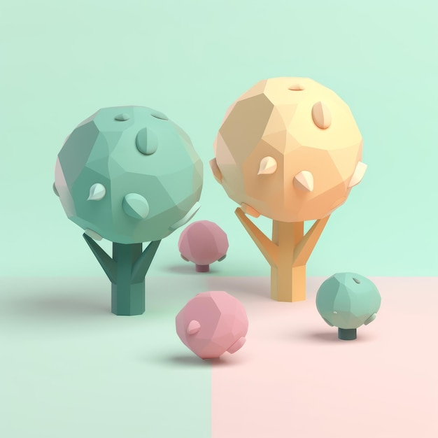 Eine 3D-Darstellung von Bäumen mit rosa und grünen Formen.