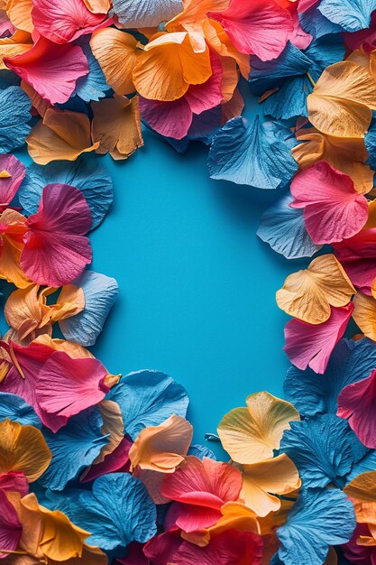 eine 3D-Einladung mit einem Rahmen aus minimalistischen bunten Holi-Blütenblättern