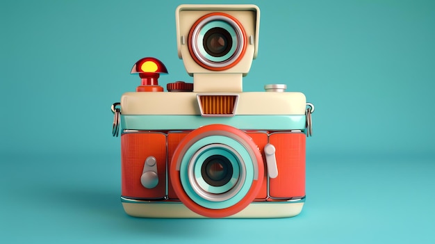 Eine 3D-Illustration einer Vintage-Kamera mit einem Blitz auf blauem Hintergrund Die Kamera ist orange und weiß