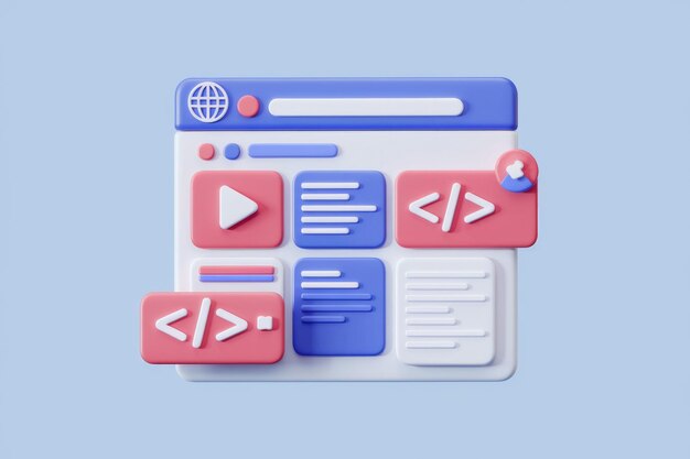 Eine 3D-Illustration einer Webseite mit verschiedenen Inhaltselementen wie Video-Text und -Code