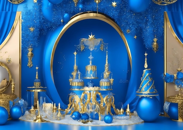 eine 3D-Illustration einer Weihnachtsszene mit blauem Hintergrund und einem gold-blauen Weihnachtsbaum.