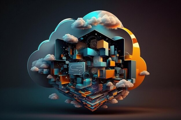 Eine 3D-Illustration einer Wolke mit einem Würfel in der Mitte.