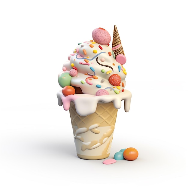 Eine 3D-Illustration eines Eiscreme-Kegels mit bunten Süßigkeiten darauf.