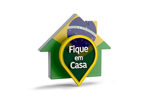 Eine 3D-Illustration eines Hauses mit der brasilianischen Flagge mit der Aufschrift Stay at Home fique em casa protect from Coronavirus or Covid19 epidemic