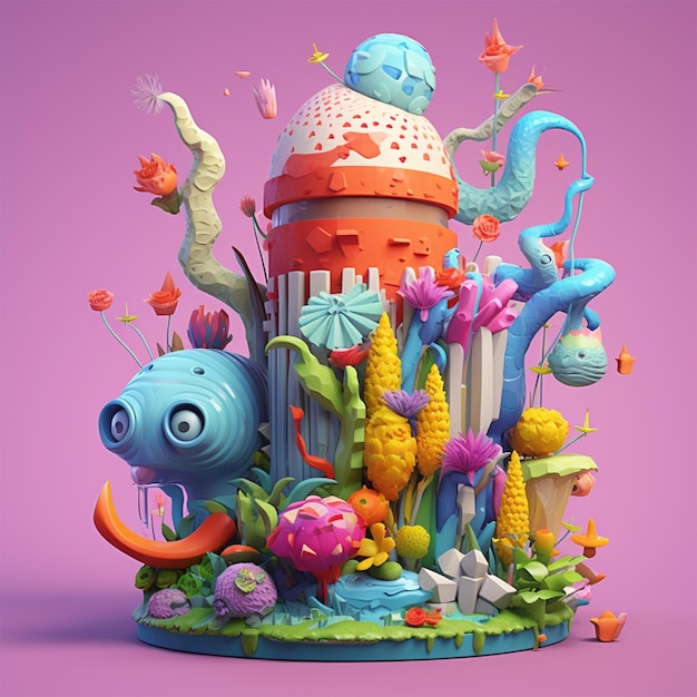 Eine 3D-Illustration eines Leuchtturms und eines Fisches