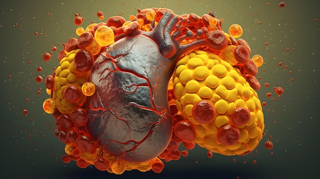 Eine 3D-Illustration eines menschlichen Herzens und einer gelben Flüssigkeit.