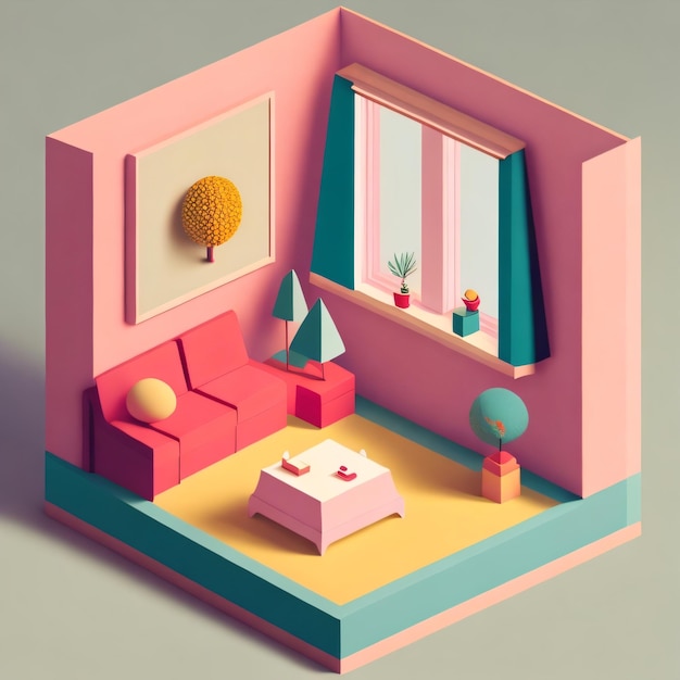 Eine 3D-Illustration eines Wohnzimmers mit einer rosa Couch und einem Fenster mit einer Pflanze darauf.