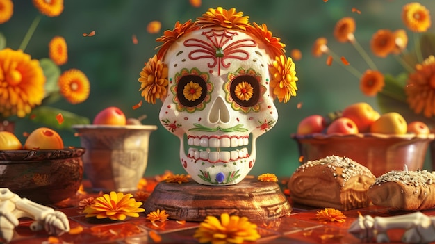 Eine 3D-Illustration eines Zuckerkopfes, Marigolds, Brot und anderer Dekorationen auf einem Ausstellungspiezestal Die Szene ist für eine festliche Feier des Dia de los Muertos eingerichtet
