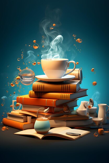 eine 3D-Illustration für Kaffee und Bücher