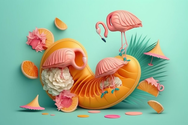 Eine 3D-Illustration von Flamingos, Muscheln und Flip-Flops mit Kopierraum, die das Sommerferienkonzept Generative Ai verkörpern