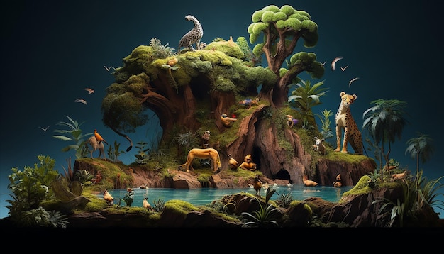 eine 3D-imaginäre Landschaft, in der mythische Kreaturen mit echten, vom Aussterben bedrohten Arten koexistieren