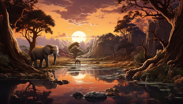 eine 3D-imaginäre Landschaft, in der mythische Kreaturen mit echten, vom Aussterben bedrohten Arten koexistieren
