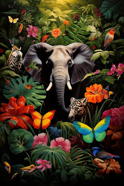 eine 3D-Lebendige Dschungelszene mit einer Vielzahl von Tieren wie Elefanten