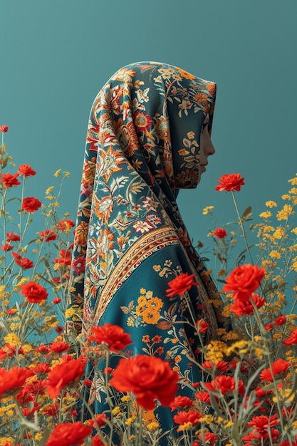 eine 3D-Postkarte mit minimalistischen traditionellen Kostümen und Textilien