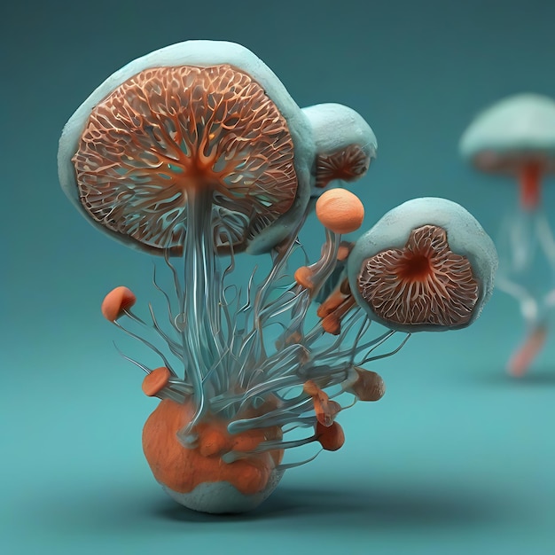 Foto eine 3d-rendering einer pilzzellstruktur auf einem ungesättigten türkisfarbenen hintergrund ai