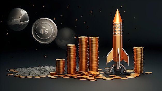 Eine 3D-Rendering eines Raketendiagramms und Münzen, die die Reise von der Planung zum finanziellen Erfolg veranschaulichen