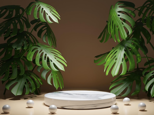 Eine 3d-rendering minimale, moderne Produktpräsentation auf neutralem Hintergrund, Marmorpodium und grünen Blättern