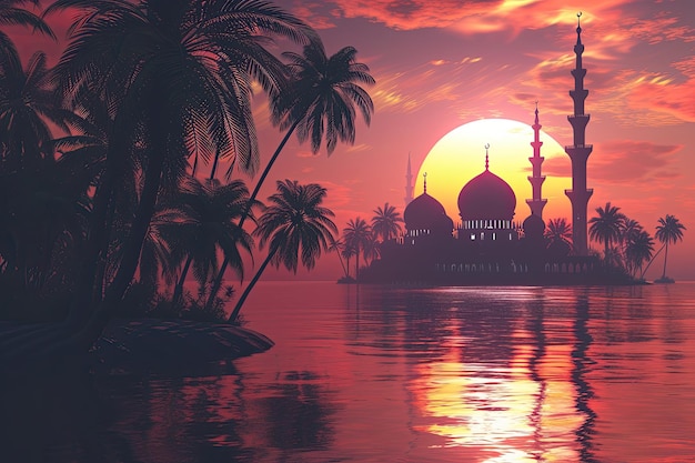 Eine 3D-Sonnenuntergangsszene, die das Ende eines Ramadan-Tages markiert