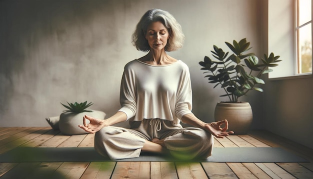 Eine 55-jährige Frau in einem ruhigen und minimalistischen Raum praktiziert Achtsamkeit oder Meditation