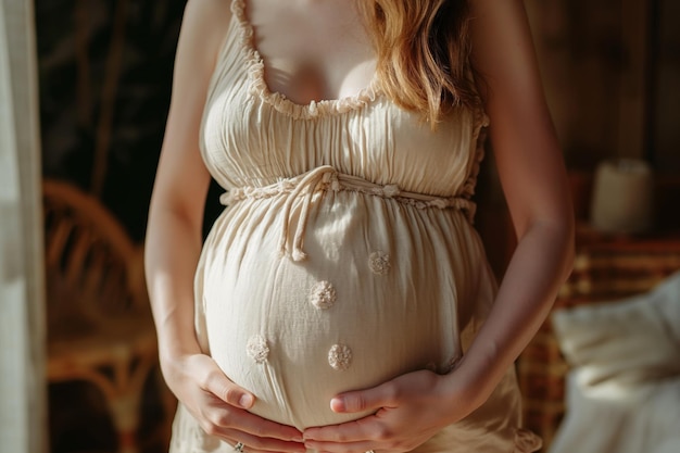 Eine 9 Monate schwangere weiße Frau trägt ein beige Kleid und berührt ihr Bauch zu Hause im Sonnenlicht