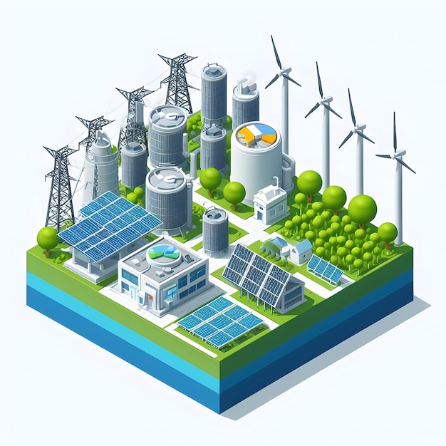 Foto eine abbildung einer fabrik mit windturbinen, die saubere energie erzeugen die turbinen drehen sich u