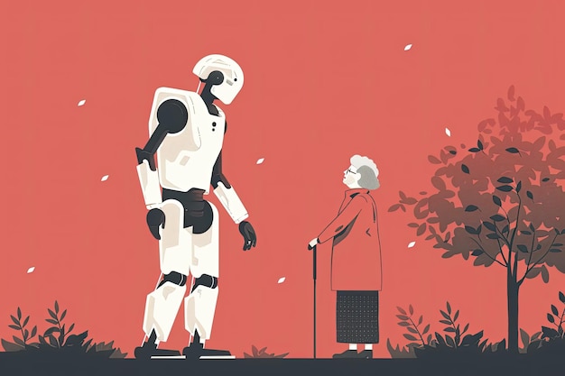 Eine Abbildung eines Androiden-Roboters, der einer älteren Frau helfen will