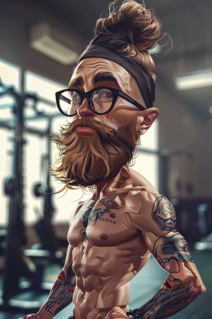 Foto eine abbildung eines bärtigen hipsters mit top-knoten-tattoos und brillen, der nachdenklich aussieht