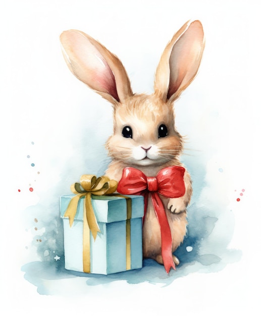 eine Abbildung eines niedlichen Kaninchen mit Weihnachtsgeschenken isoliert eine Abbildung eines niedlichen Kunnies